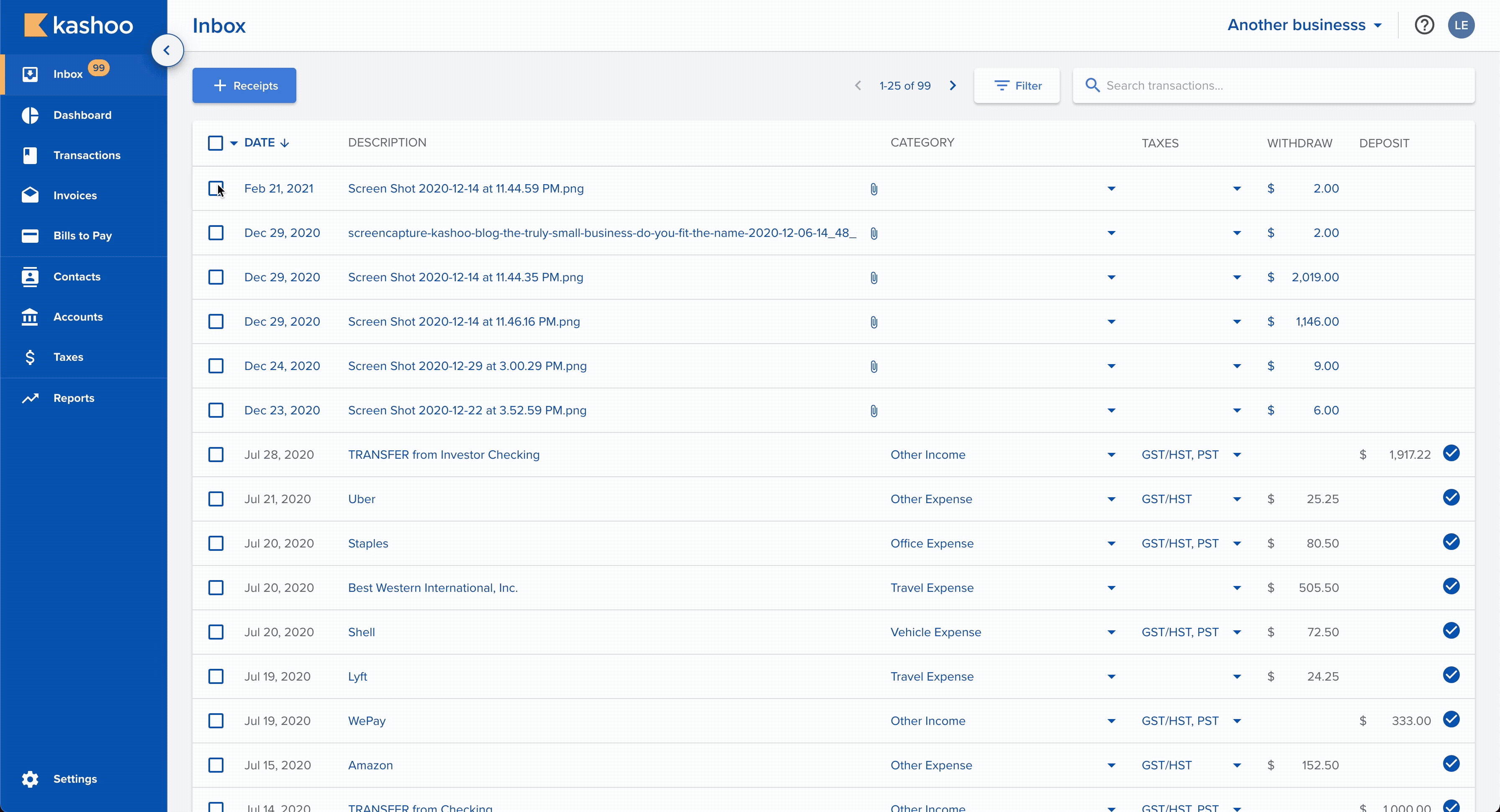 Kashoo 2.0 edit-invoice screen showing line items, tax and a running total